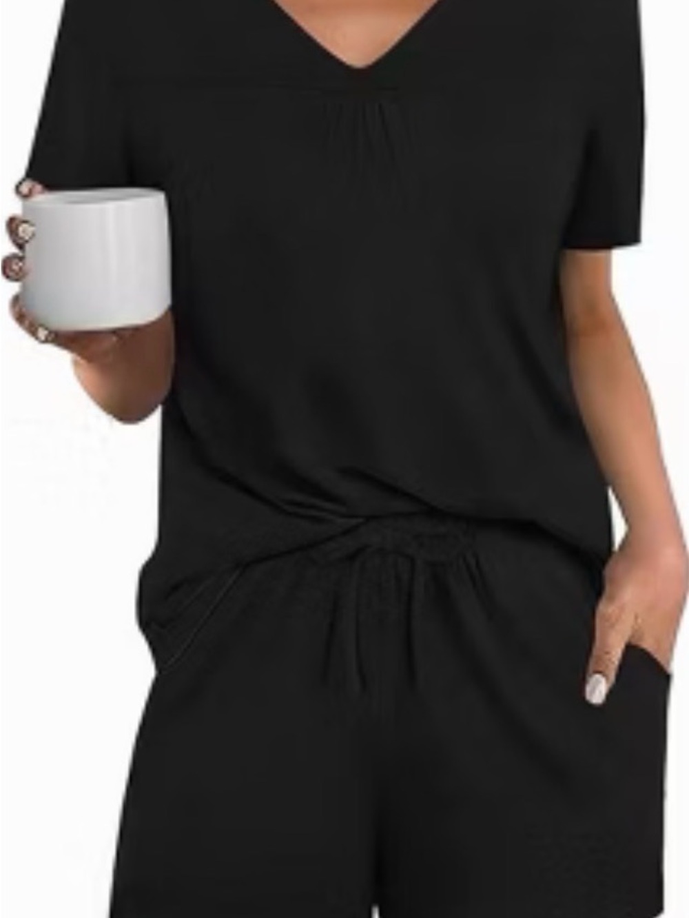 Classic Black V-Neck Short Sleeve Women's Tee and Short Set.